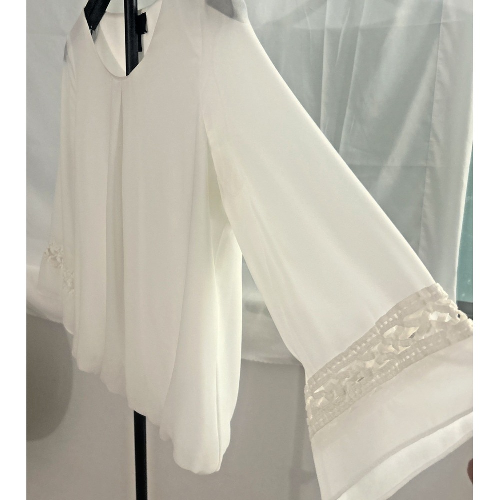 Women's Boho Chic Ethereal White Crochet Bell Sleeve Semi Sheer Blouse Medium
